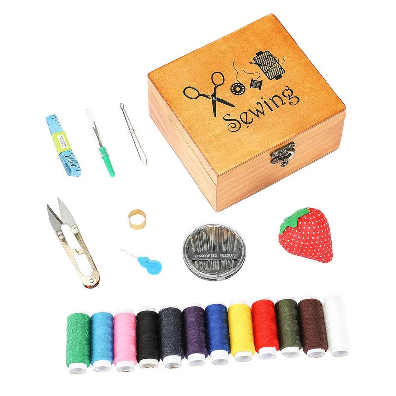 BTU Sewing Kit, Wooden Sewing Kit Box for Adults, Wooden Sewing Basket with Accessories, Home Sewing Basket Stitching Repair Kit for Beginner, Women, Men (Brown) - Image 5